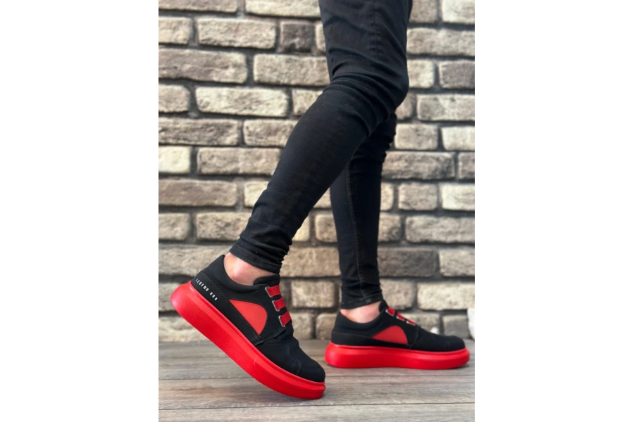 Shoecide Sb0302 Shoecide Kalın Taban Bağcıksız Tarz Casual Siyah Kırmızı Erkek Ayakkabı
