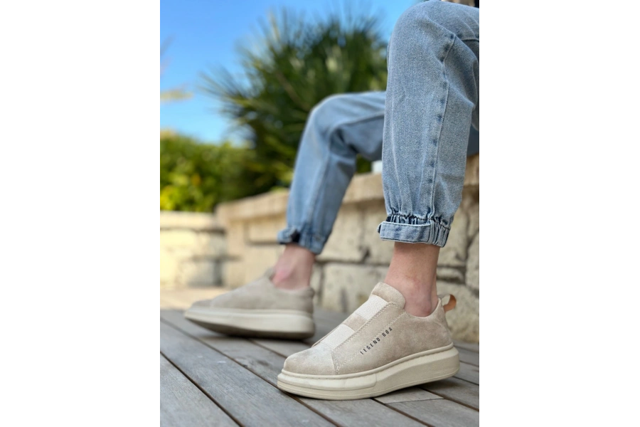 Shoecide Sb0307 Boa Kalın Süet Yüksek Taban Çift Bant Bej Erkek Ayakkabı