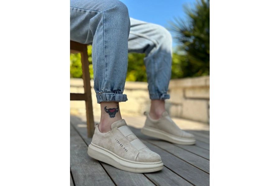 Shoecide Sb0307 Boa Kalın Süet Yüksek Taban Çift Bant Bej Erkek Ayakkabı