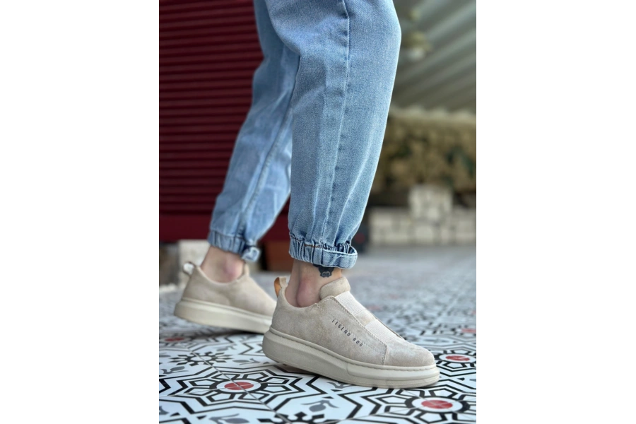 Shoecide Sb0307 Boa Kalın Süet Yüksek Taban Çift Bant Bej Erkek Ayakkabı