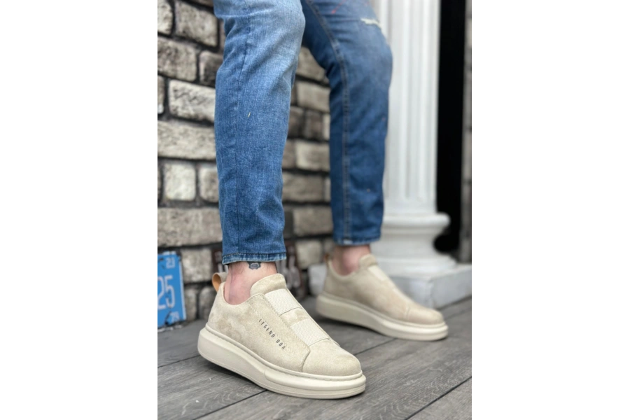 Shoecide Sb0307 Boa Kalın Süet Yüksek Taban Çift Bant Bej Erkek Ayakkabı