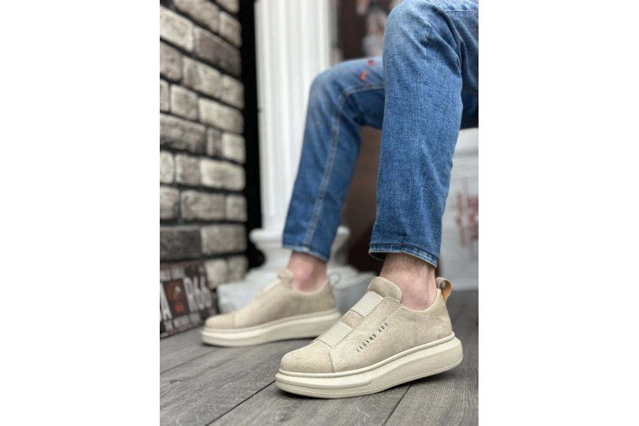 Shoecide Sb0307 Boa Kalın Süet Yüksek Taban Çift Bant Bej Erkek Ayakkabı