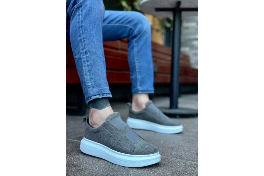 Shoecide Sb0307 Boa Kalın Süet Yüksek Taban Çift Bant Gri Erkek Ayakkabı