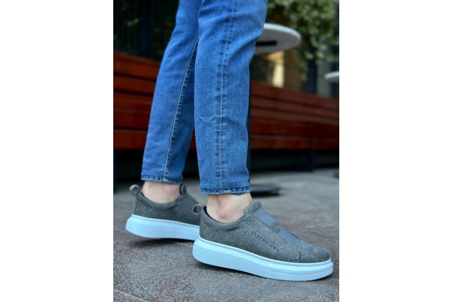 Shoecide Sb0307 Boa Kalın Süet Yüksek Taban Çift Bant Gri Erkek Ayakkabı
