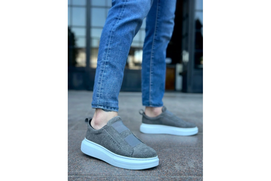 Shoecide Sb0307 Boa Kalın Süet Yüksek Taban Çift Bant Gri Erkek Ayakkabı