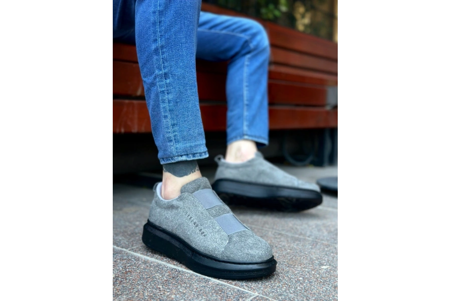 Shoecide Sb0307 Boa Kalın Süet Yüksek Taban Çift Bant Gri Siyah Erkek Ayakkabı