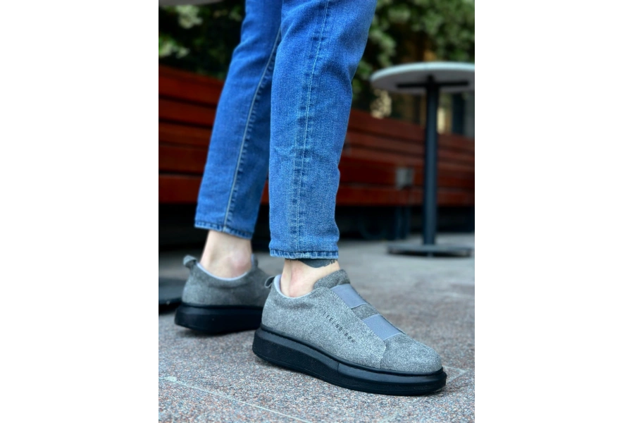 Shoecide Sb0307 Boa Kalın Süet Yüksek Taban Çift Bant Gri Siyah Erkek Ayakkabı