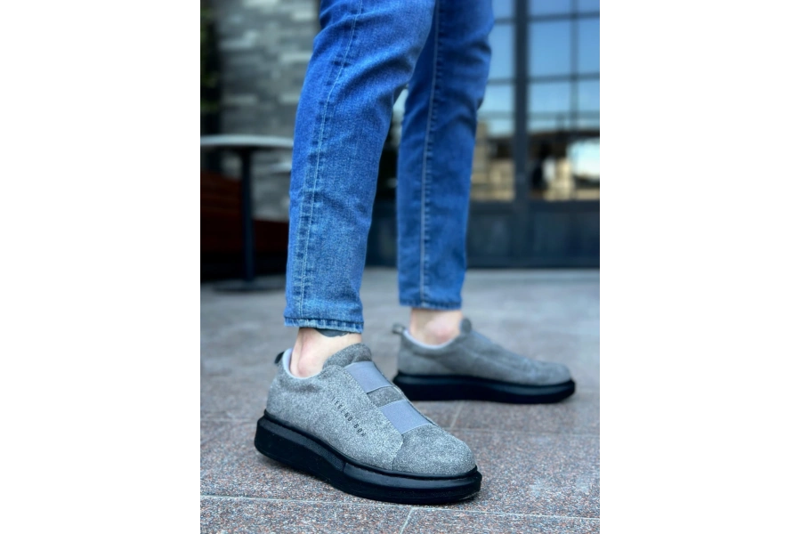 Shoecide Sb0307 Boa Kalın Süet Yüksek Taban Çift Bant Gri Siyah Erkek Ayakkabı