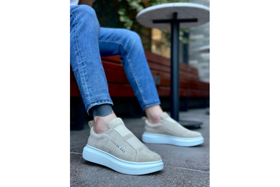 Shoecide Sb0307 Boa Kalın Süet Yüksek Taban Çift Bant Krem Erkek Ayakkabı