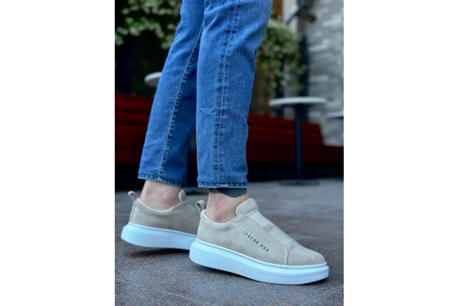 Shoecide Sb0307 Boa Kalın Süet Yüksek Taban Çift Bant Krem Erkek Ayakkabı