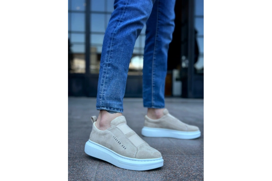 Shoecide Sb0307 Boa Kalın Süet Yüksek Taban Çift Bant Krem Erkek Ayakkabı