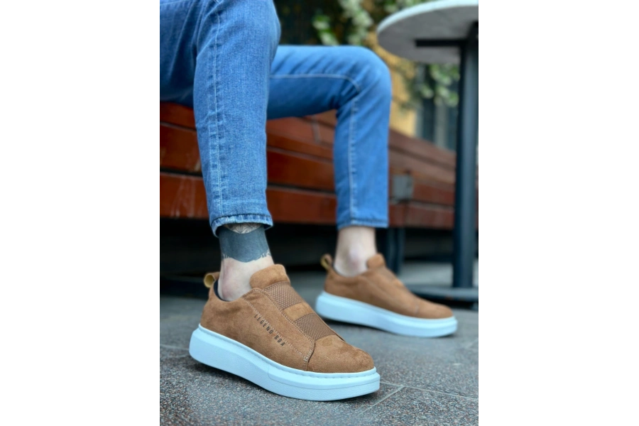 Shoecide Sb0307 Boa Kalın Süet Yüksek Taban Çift Bant Taba Beyaz Erkek Ayakkabı