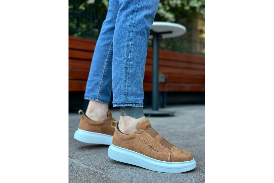 Shoecide Sb0307 Boa Kalın Süet Yüksek Taban Çift Bant Taba Beyaz Erkek Ayakkabı