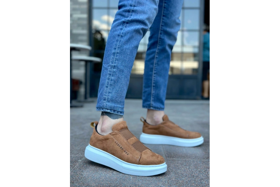 Shoecide Sb0307 Boa Kalın Süet Yüksek Taban Çift Bant Taba Beyaz Erkek Ayakkabı