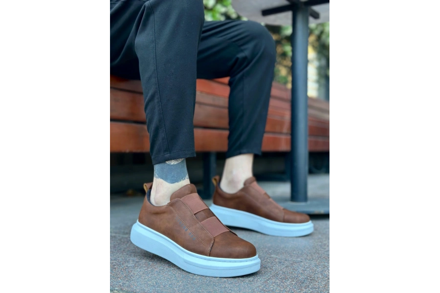 Shoecide Sb0307 Boa Kalın Yüksek Taban Çift Bant Taba Beyaz Erkek Ayakkabı