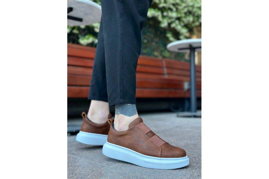 Shoecide Sb0307 Boa Kalın Yüksek Taban Çift Bant Taba Beyaz Erkek Ayakkabı