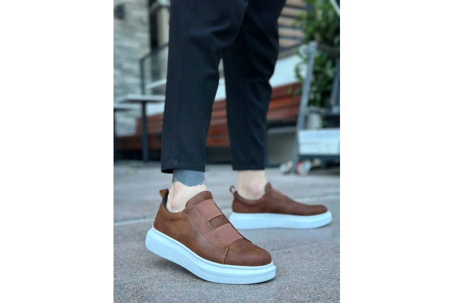 Shoecide Sb0307 Boa Kalın Yüksek Taban Çift Bant Taba Beyaz Erkek Ayakkabı