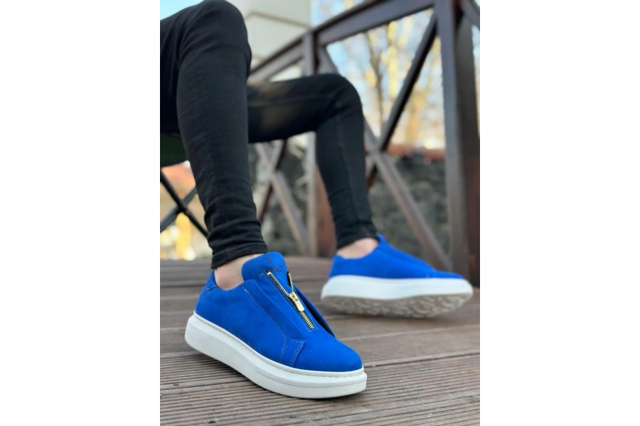 Shoecide Sb0310 Boa Kalın Süet Yüksek Taban Fermuarlı Mavi Erkek Ayakkabı