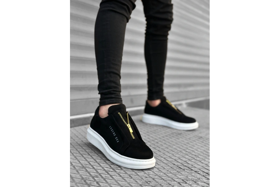 Shoecide Sb0310 Boa Kalın Süet Yüksek Taban Fermuarlı Siyah Beyaz Erkek Ayakkabı