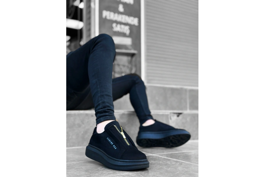 Shoecide Sb0310 Boa Kalın Süet Yüksek Taban Fermuarlı Siyah Siyah Erkek Ayakkabı