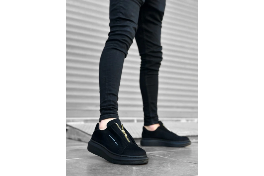 Shoecide Sb0310 Boa Kalın Süet Yüksek Taban Fermuarlı Siyah Siyah Erkek Ayakkabı