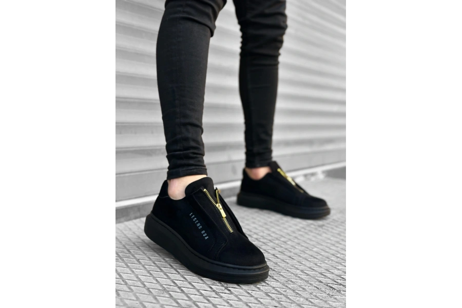 Shoecide Sb0310 Boa Kalın Süet Yüksek Taban Fermuarlı Siyah Siyah Erkek Ayakkabı