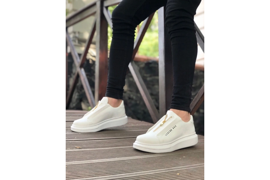 Shoecide Sb0310 Boa Kalın Yüksek Taban Fermuarlı Beyaz Erkek Ayakkabı