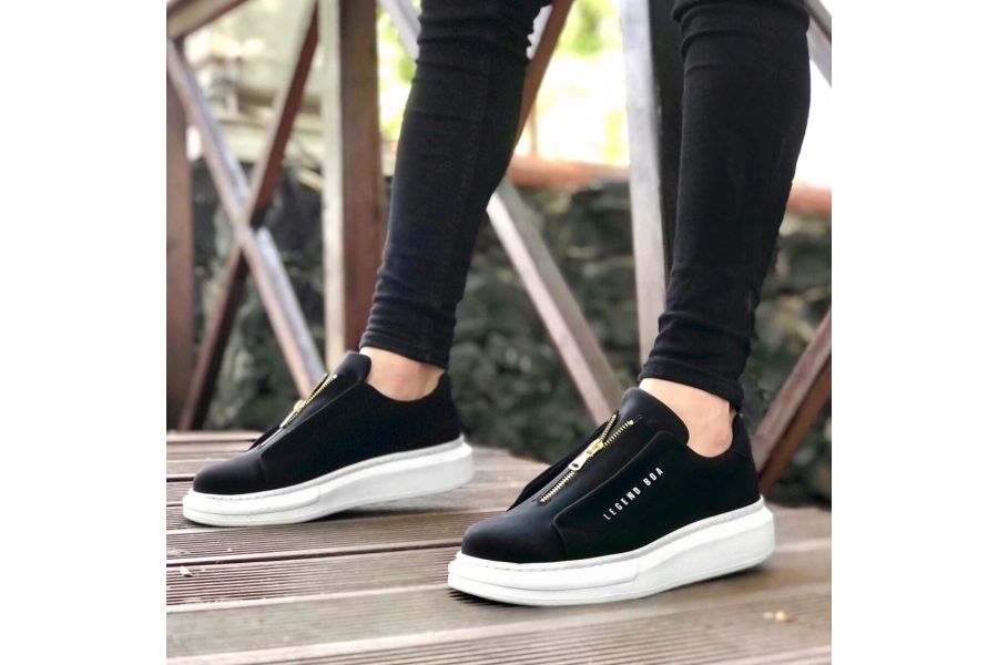 Shoecide Sb0310 Boa Kalın Yüksek Taban Fermuarlı Siyah Beyaz Erkek Ayakkabı