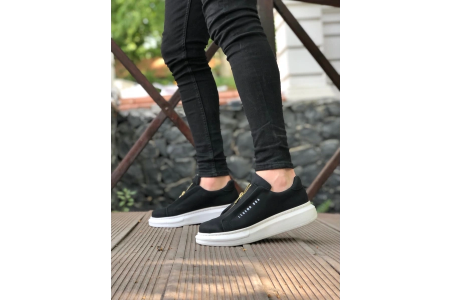 Shoecide Sb0310 Boa Kalın Yüksek Taban Fermuarlı Siyah Beyaz Erkek Ayakkabı