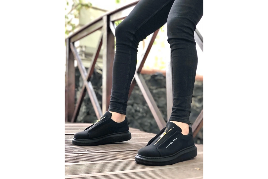Shoecide Sb0310 Boa Kalın Yüksek Taban Fermuarlı Siyah Siyah Erkek Ayakkabı