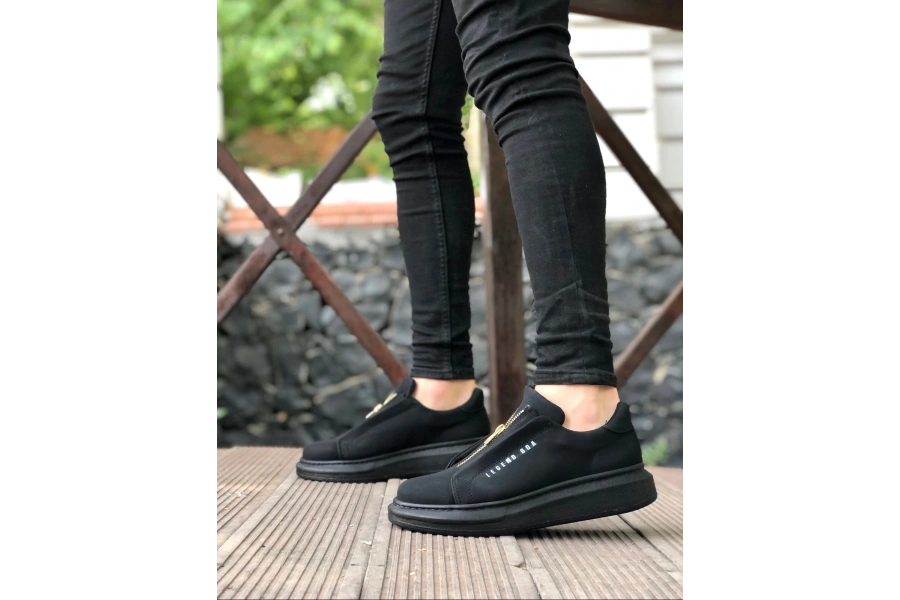 Shoecide Sb0310 Boa Kalın Yüksek Taban Fermuarlı Siyah Siyah Erkek Ayakkabı