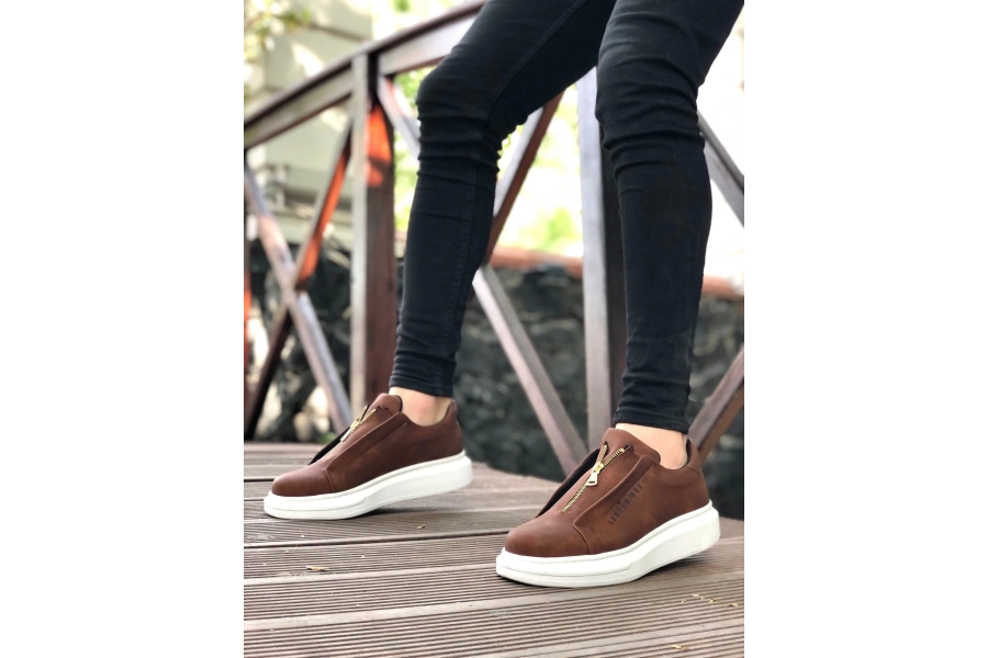 Shoecide Sb0310 Boa Kalın Yüksek Taban Fermuarlı Taba Beyaz Erkek Ayakkabı