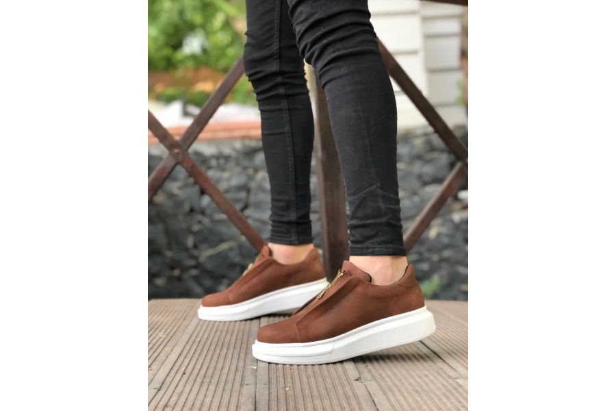Shoecide Sb0310 Boa Kalın Yüksek Taban Fermuarlı Taba Beyaz Erkek Ayakkabı