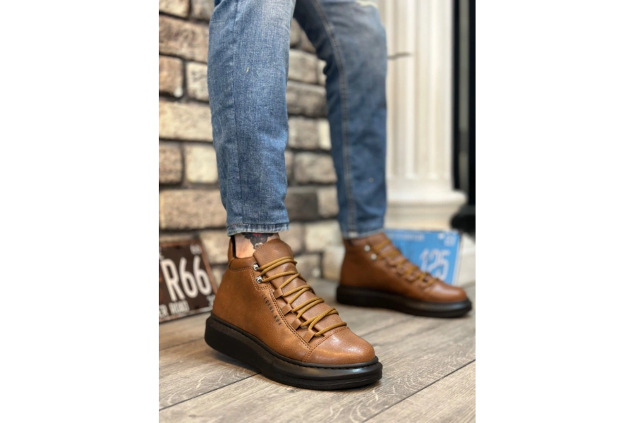 Shoecide Sb0312 Bağcıklı Yüksek Taba Siyah Taban Erkek Tarz Spor Bot