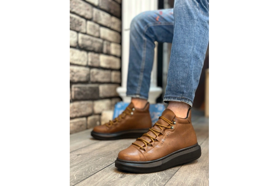 Shoecide Sb0312 Bağcıklı Yüksek Taba Siyah Taban Erkek Tarz Spor Bot