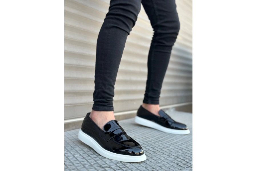 Shoecide Sb0316 Bağcıksız Yüksek Beyaz Taban Klasik Rugan Corcik Erkek Ayakkabı