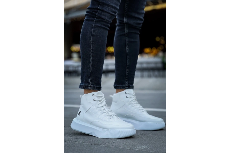 Shoecide Sb0318 Bağcıklı Erkek Yüksek Taban Beyaz Spor Bot