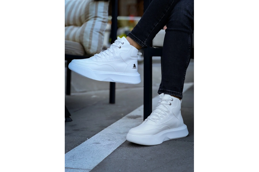 Shoecide Sb0318 Bağcıklı Erkek Yüksek Taban Beyaz Spor Bot