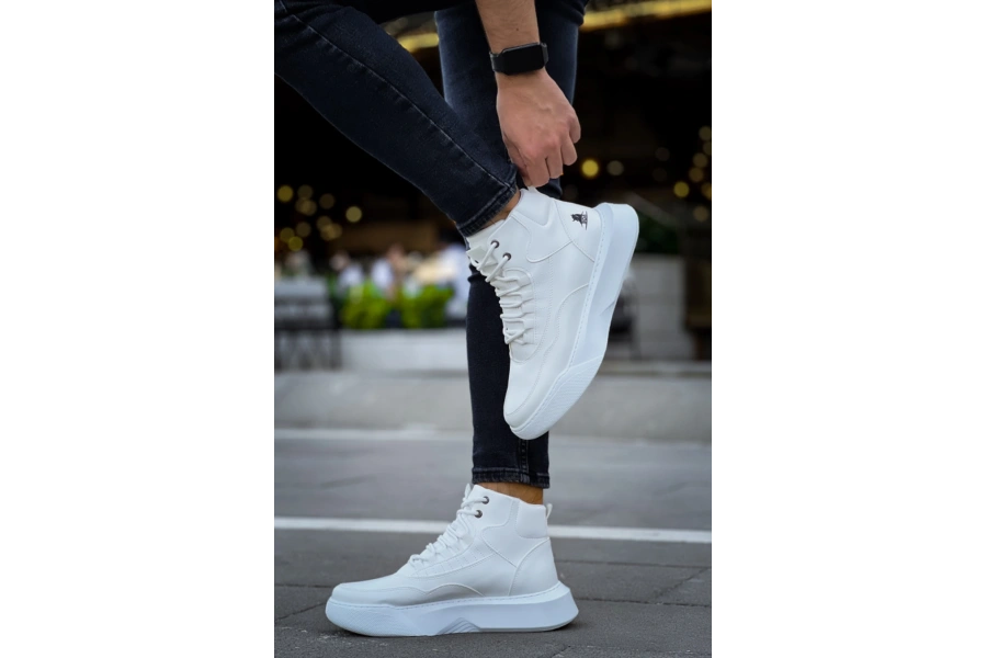Shoecide Sb0318 Bağcıklı Erkek Yüksek Taban Beyaz Spor Bot