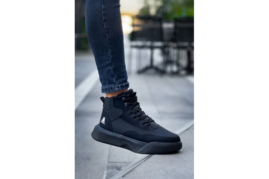 Shoecide Sb0318 Bağcıklı Erkek Yüksek Taban Siyah Taban Spor Bot