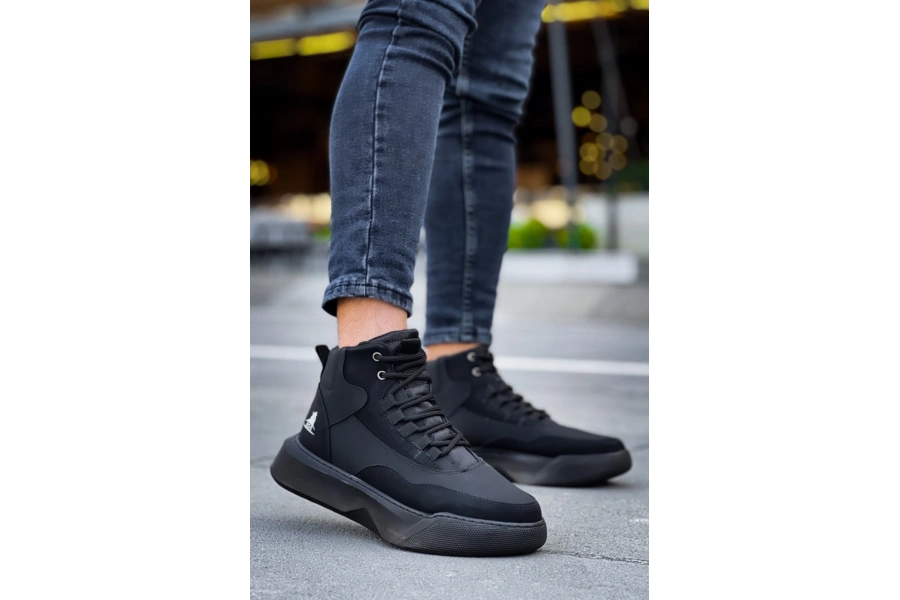 Shoecide Sb0318 Bağcıklı Erkek Yüksek Taban Siyah Taban Spor Bot
