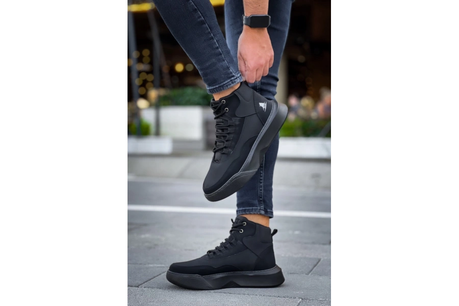 Shoecide Sb0318 Bağcıklı Erkek Yüksek Taban Siyah Taban Spor Bot