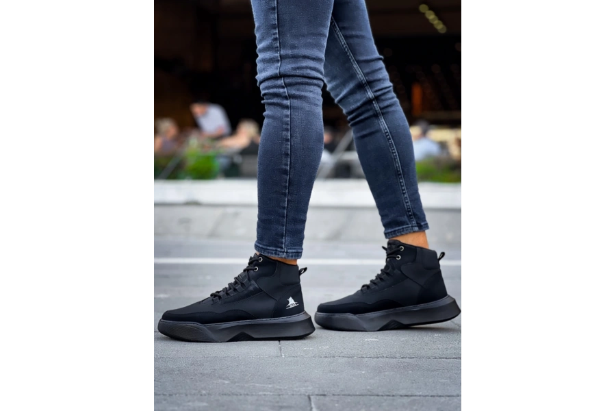 Shoecide Sb0318 Bağcıklı Erkek Yüksek Taban Siyah Taban Spor Bot