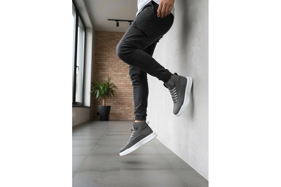 Shoecide Sb0321 Gizli Bağcıklı Erkek Füme Beyaz Taban Spor Bot