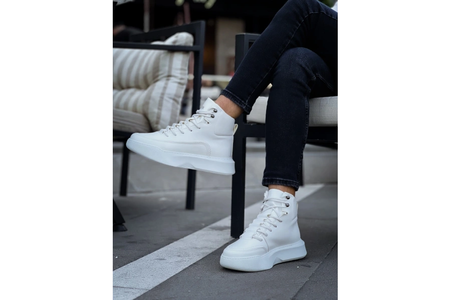 Shoecide Sb0321 Gizli Bağcıklı Erkek Yüksek Taban Beyaz Spor Bot