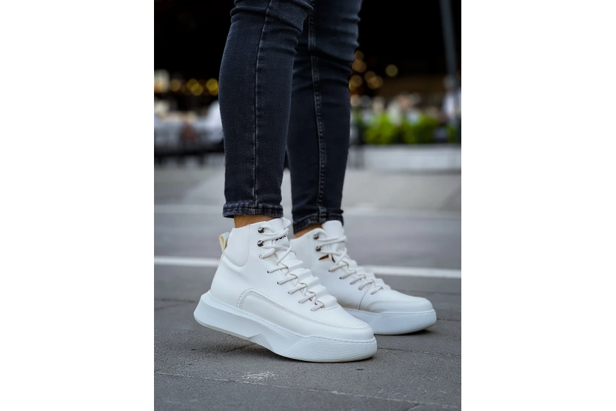 Shoecide Sb0321 Gizli Bağcıklı Erkek Yüksek Taban Beyaz Spor Bot