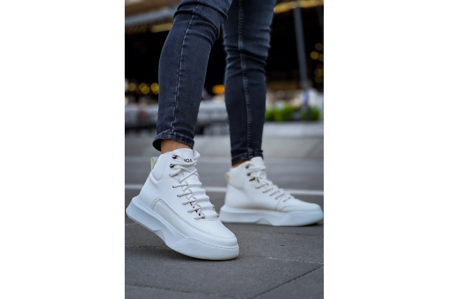 Shoecide Sb0321 Gizli Bağcıklı Erkek Yüksek Taban Beyaz Spor Bot