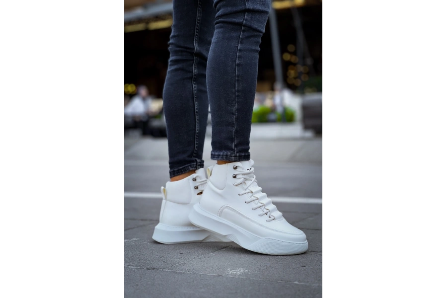Shoecide Sb0321 Gizli Bağcıklı Erkek Yüksek Taban Beyaz Spor Bot