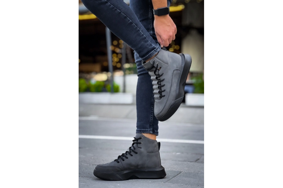 Shoecide Sb0321 Gizli Bağcıklı Erkek Yüksek Taban Füme Spor Bot