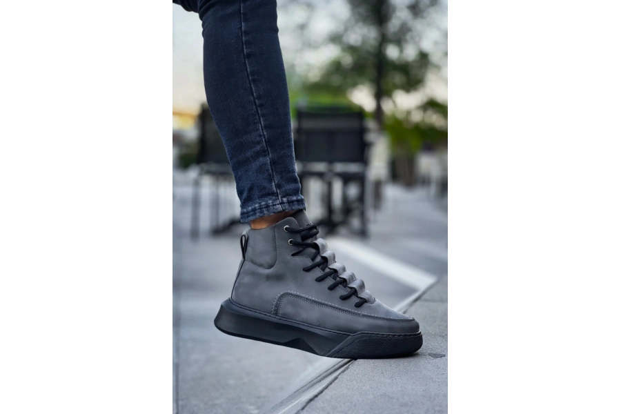 Shoecide Sb0321 Gizli Bağcıklı Erkek Yüksek Taban Füme Spor Bot